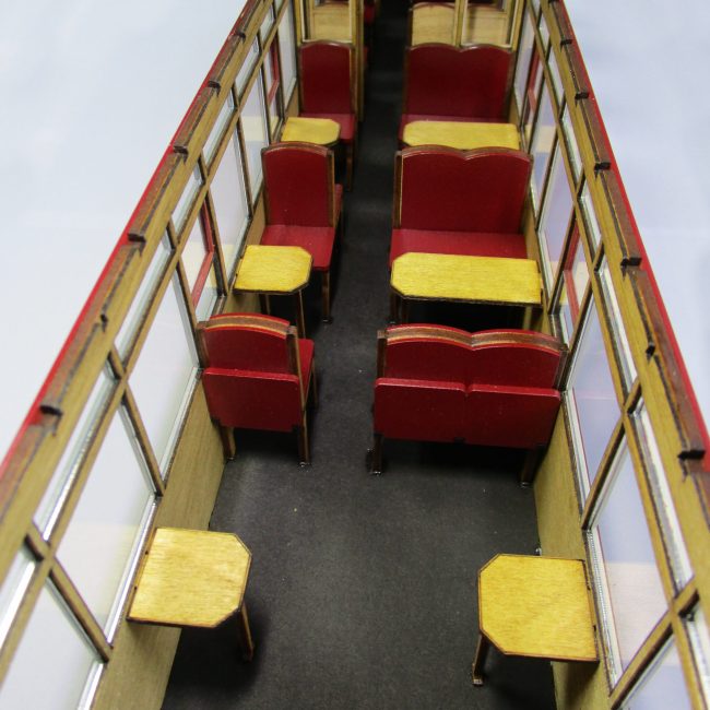 Carriage 101, assembled and painted third class saloon interior.