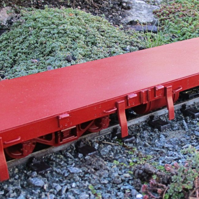 Converted DZ Flat Wagon kit, assembled, painted and finished with addition of couplings.