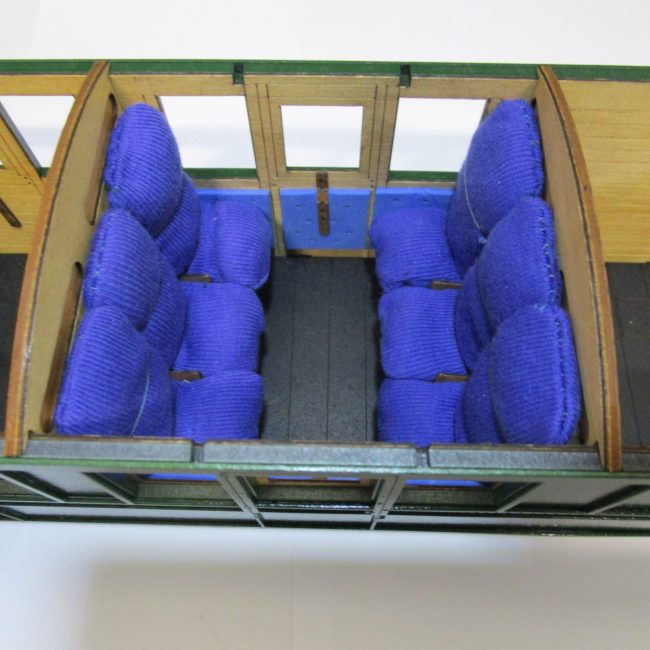 WHR Cut Down Pickering Kit, completed First Class Compartment interior with addition of upholstered seating and door panels (not supplied)